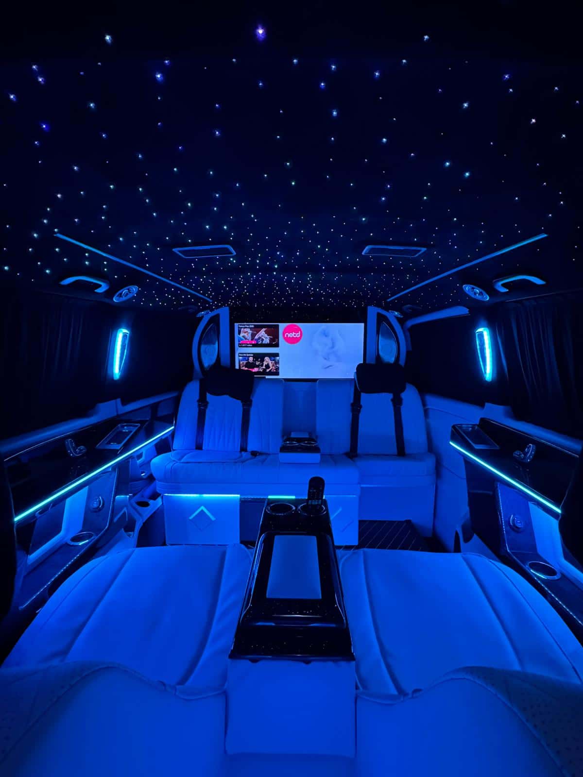 Blue illuminated VIP passenger cabin