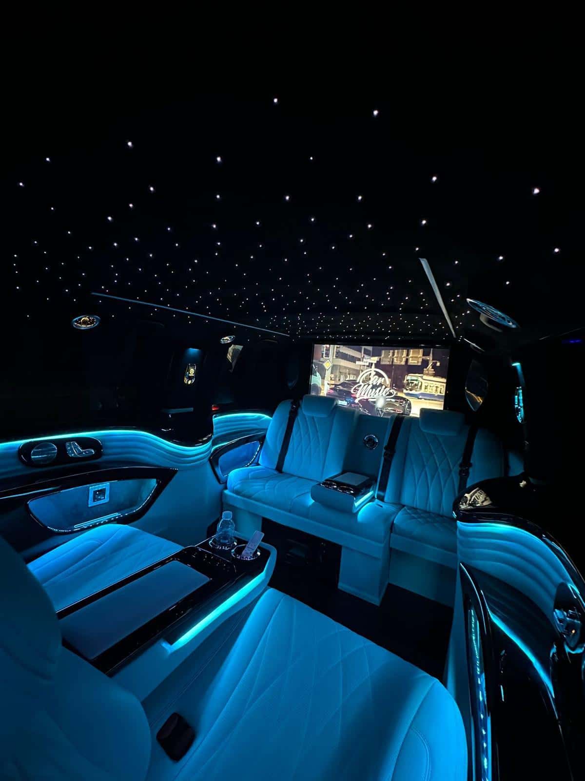Front passenger cabin with blue lights
