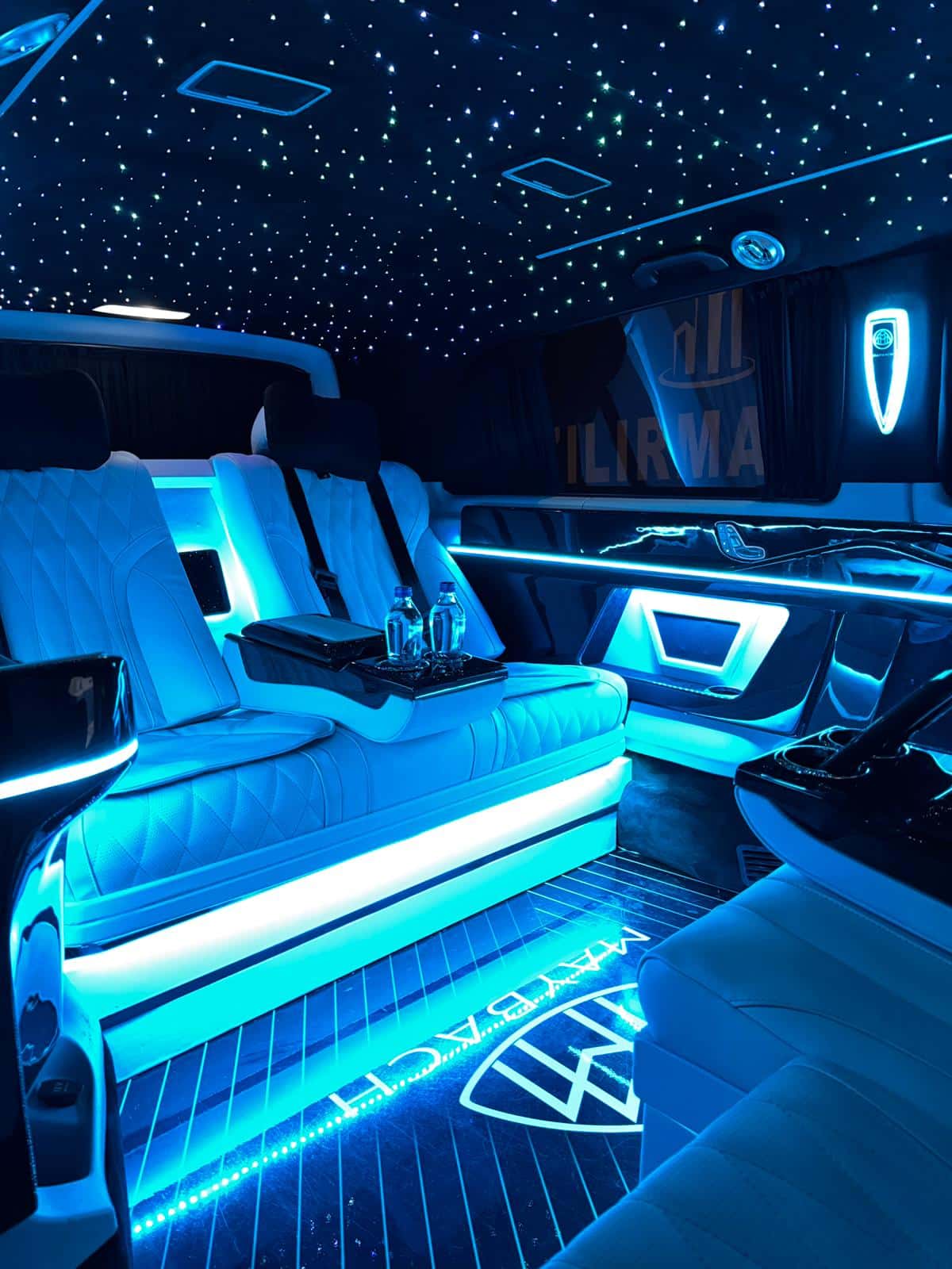 Modern VIP van interior with blue lighting