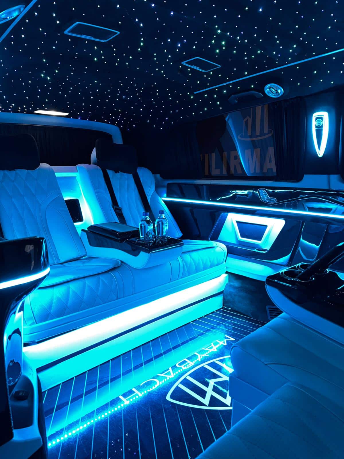 VIP van cabin with blue ambient lighting